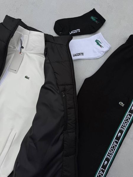 Мужской костюм Lacoste 3в1 белый с черным Комплект Лакоста Кофта на молнии Штаны Жилетка Хар-670 фото
