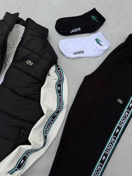 Мужской костюм Lacoste 3в1 белый с черным Комплект Лакоста Кофта на молнии Штаны Жилетка Хар-670 фото