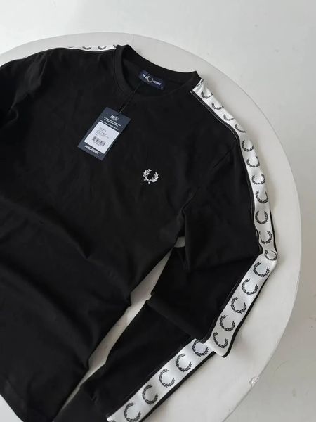 Чоловічий лонгслів Fred Perry чорний Світшот Фред Пері з лампасами Гла-78 фото