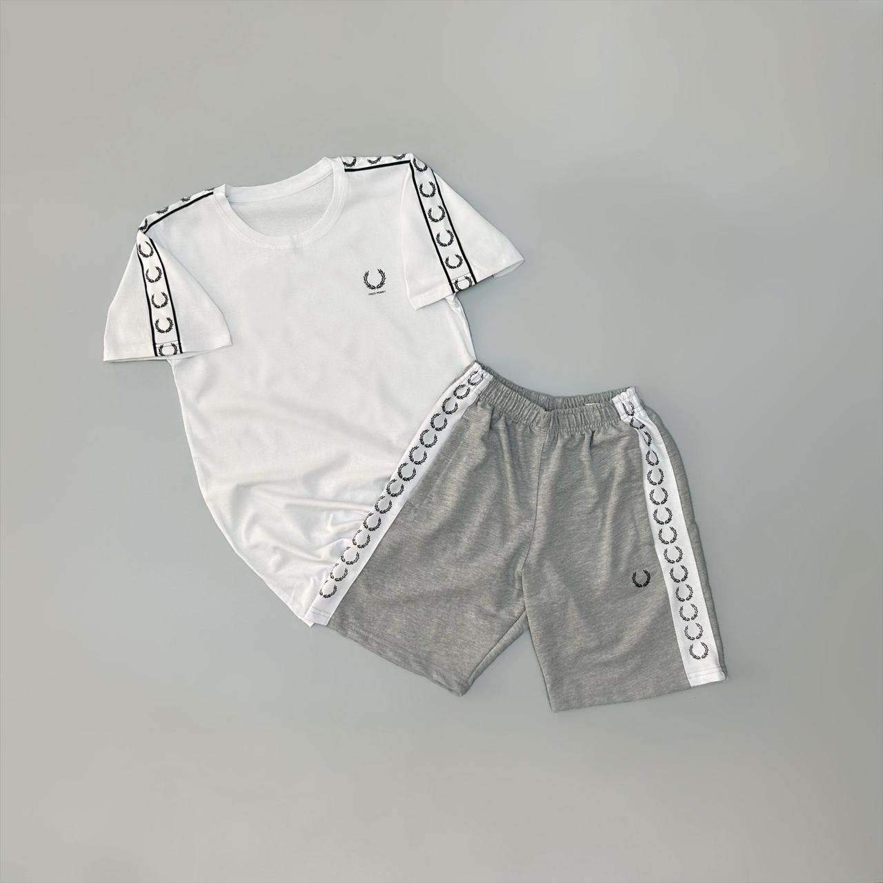 Мужской летний костюм Fred Perry Футболка Шорты белый с серым Комплект Фред Перри с лампасами