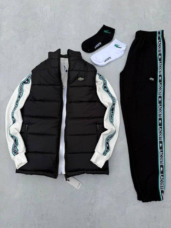 Мужской костюм Lacoste 3в1 белый с черным Комплект Лакоста Кофта на молнии Штаны Жилетка