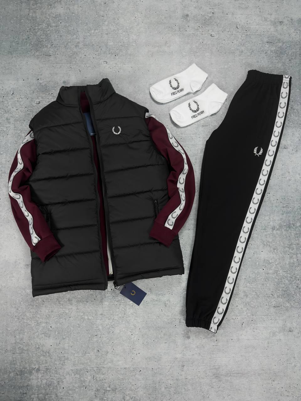 Чоловічий костюм Fred Perry з лампасами бордовий Набор Фред Перрі Жилетка Шкарпетки