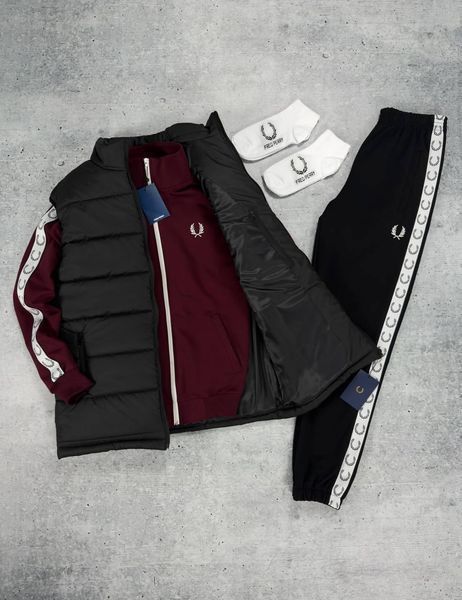 Мужской костюм Fred Perry с лампасами бордовый Комплект Фред Перри Жилетка Хар-546 фото