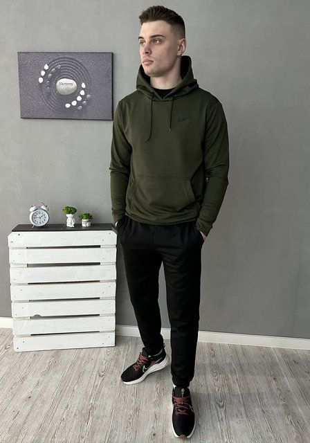 Мужской спортивный костюм Nike черный с хаки Комплект Найк Худи Штаны Rap-RD098/RD103 фото