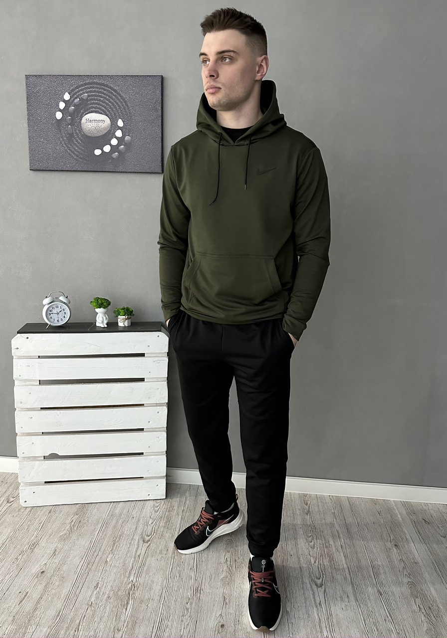 Чоловічий спортивний костюм Nike чорний із хакі Комплект Найк Худі Штани