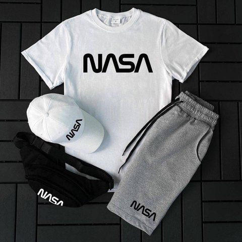 Мужской летний костюм Nasa Футболка Шорты Кепка Барсетка белый с серый Комплект Наса Ow-144 фото