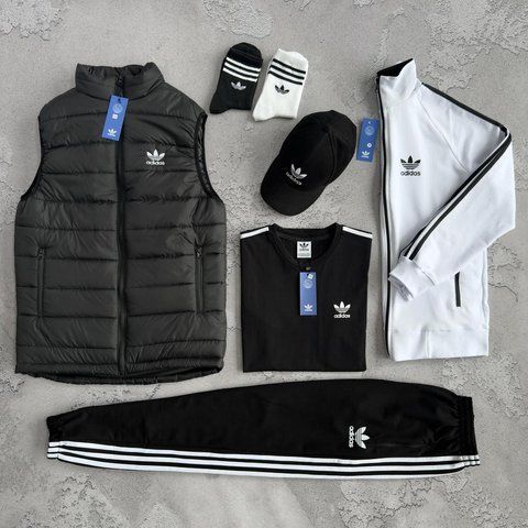 Мужской костюм Adidas 6в1 Жилетка + Кофта + Штаны + Футболка + Кепка + Носки черный Хар-823 фото