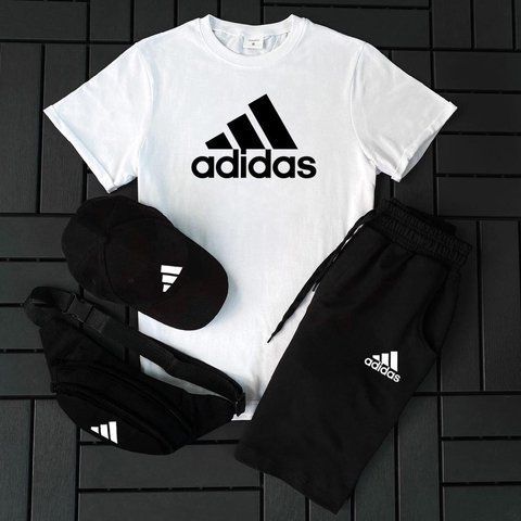 Чоловічий літній костюм Adidas Футболка Шорти Кепка Барсетка білий із чорним Ow-127 фото