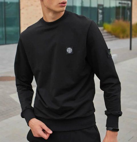 Мужской свитшот Stone Island черный Кофта без капюшона Стон Айленд с патчем Хар-275 фото