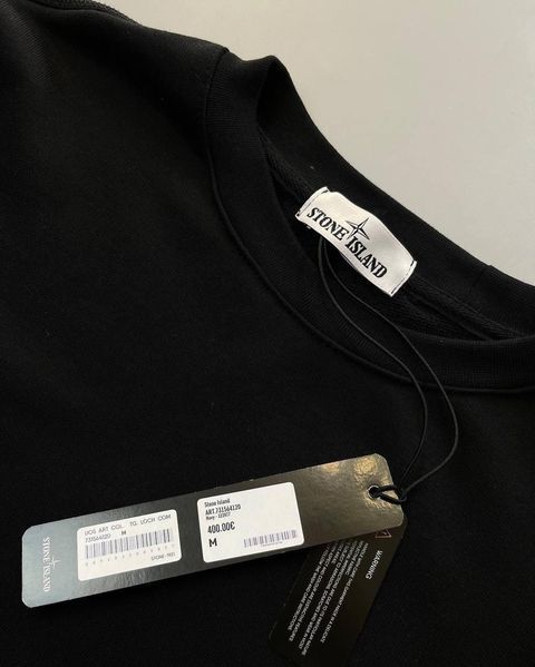 Мужской свитшот Stone Island с патчем черный Мужская кофта без капюшона Стон Айленд Ads-50 1 фото