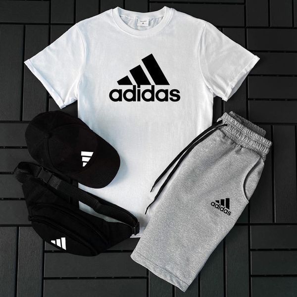 Чоловічий літній костюм Adidas Футболка Шорти Кепка Барсетка білий із чорним Ow-127 фото