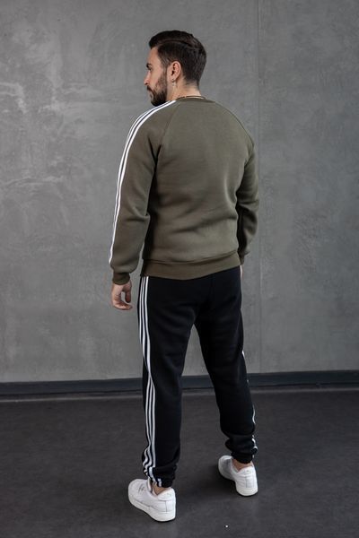 Мужской зимний спортивный костюм Adidas с лампасами хаки с черным Комплект Адидас без капюшона Хар-320 фото