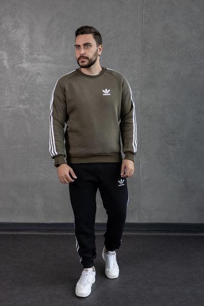Мужской зимний спортивный костюм Adidas с лампасами хаки с черным Комплект Адидас без капюшона Хар-320 фото
