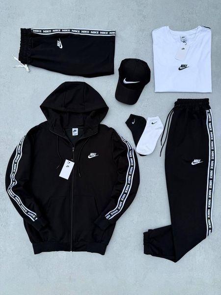 Мужской спортивный костюм Nike 7в1 черный с лампасами Комплект Найк Костюм Футболка Шорты Кепка Носки Хар-641 фото