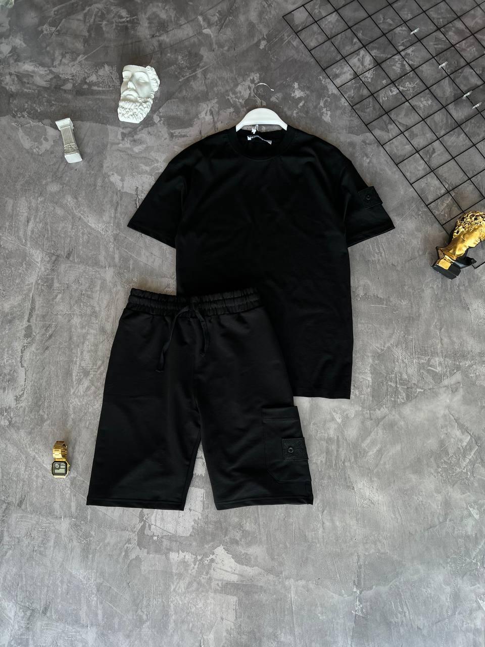 Мужской летний костюм Stone Island Футболка Шорты черный с патчем Стон Айленд