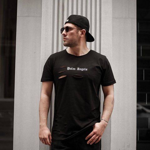 Мужская футболка рвана Palm Angels черная хлопковая Тенниска Палм Ангелс Моло-87-533 фото