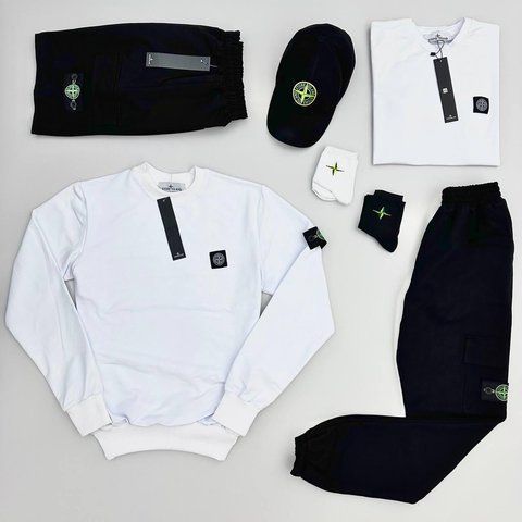Мужской спортивный костюм Stone Island белый с черным Набор Стон Айленд Костюм Футболка Шорты Кепка Хар-201 фото