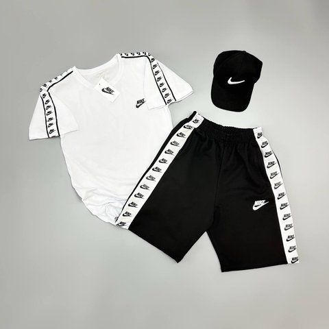 Мужской летний костюм Nike Футболка Шорты Кепка белый с черным Комплект Найк с лампасами Will-N0026+N0099 фото