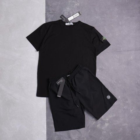Мужской летний костюм Stone Island Футболка Шорты черный с патчем Стон Айленд Ads-310 фото