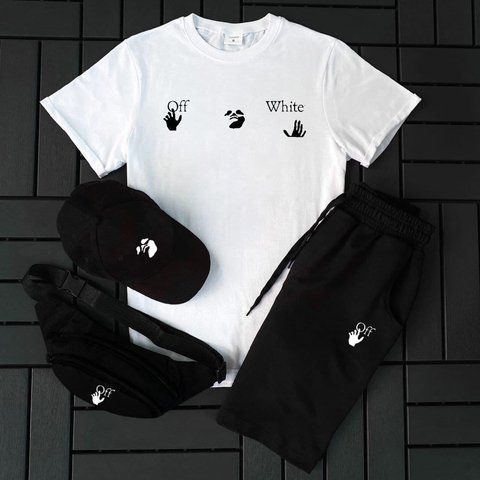 Чоловічий літній костюм Off-White Футболка Шорти Кепка Барсетка білий Комплект Офф Вайт Ow-196 фото