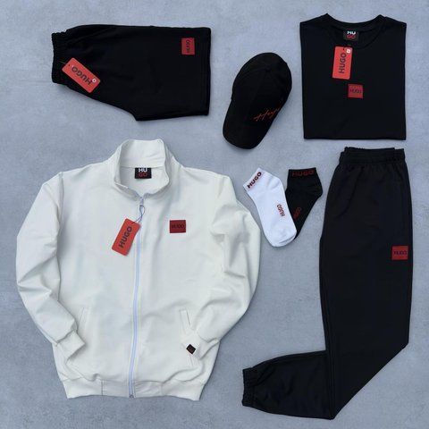 Мужской набор Hugo Boss 6в1 молочный с черным Набор Хьюго Босс Кофта Штаны Шорты Футболка Кепка Хар-630 фото