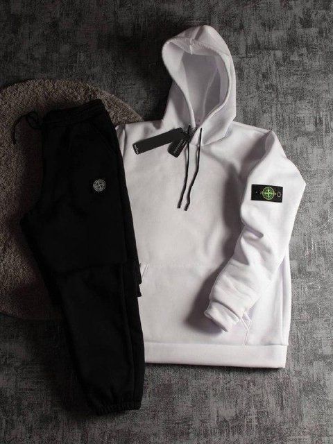 Мужской зимний спортивный костюм Stone Island на молнии бело-черный Набор Стон Айленд с капюшоном Hot-23 фото
