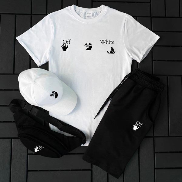 Чоловічий літній костюм Off-White Футболка Шорти Кепка Барсетка білий Комплект Офф Вайт Ow-196 фото