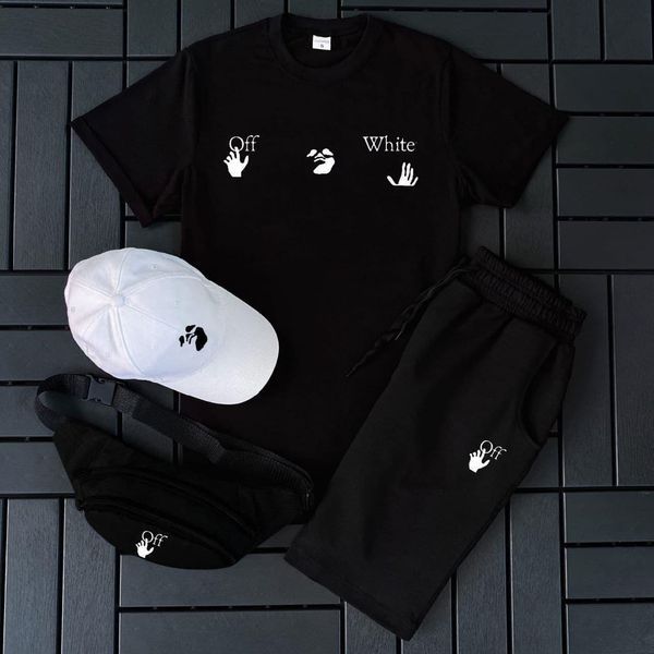 Чоловічий літній костюм Off-White Футболка Шорти Кепка Барсетка білий Комплект Офф Вайт Ow-196 фото