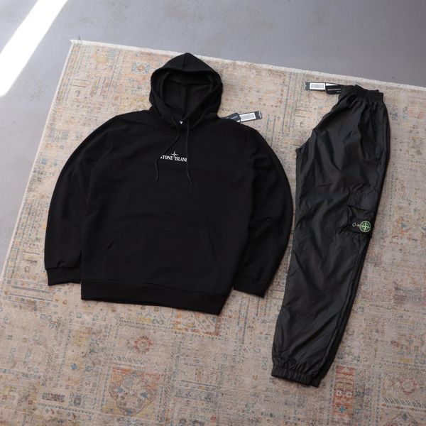Мужской спортивный костюм Stone Island черно-белый с капюшоном Комплект Худи Штаны плащевка Стон Айленд Ads-632 фото
