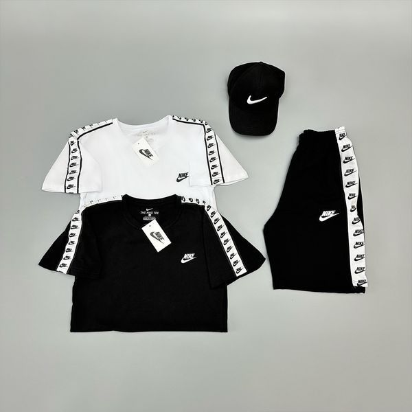 Чоловічий літній костюм Nike Футболка Шорти Кепка білий з чорним Комплект Найк із лампасами Will-N0026+N0099 фото
