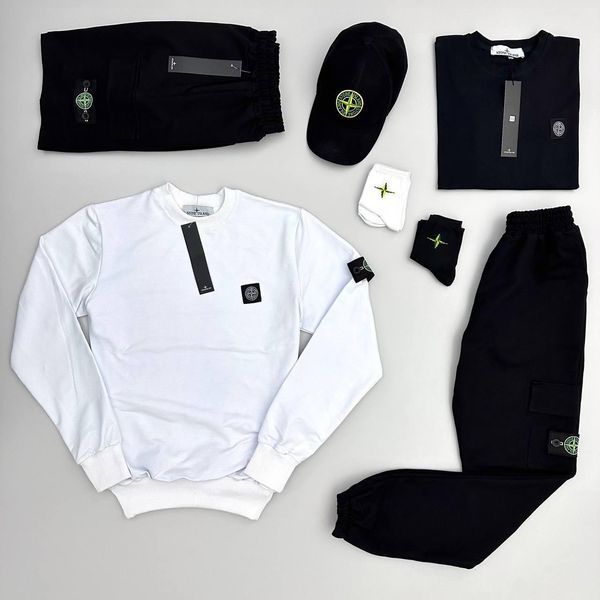 Чоловічий спортивний костюм Stone Island білий з чорним Набор Стон Айленд Костюм Футболка Шорти Кепка Хар-201 фото