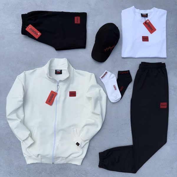 Мужской набор Hugo Boss 6в1 молочный с черным Набор Хьюго Босс Кофта Штаны Шорты Футболка Кепка Хар-630 фото