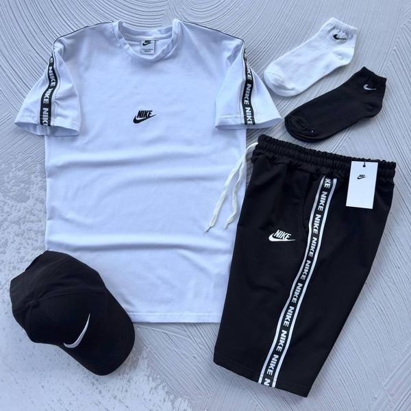 Мужской спортивный костюм Nike 7в1 черный с лампасами Комплект Найк Костюм Футболка Шорты Кепка Носки Хар-641 фото