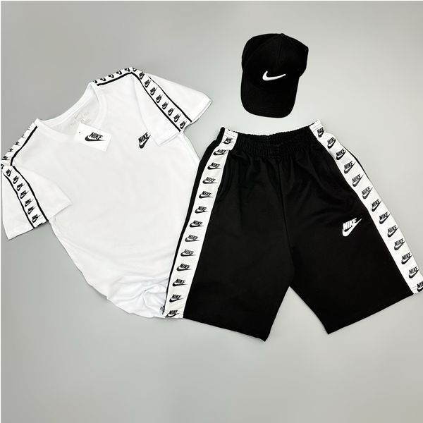 Чоловічий літній костюм Nike Футболка Шорти Кепка білий з чорним Комплект Найк із лампасами Will-N0026+N0099 фото
