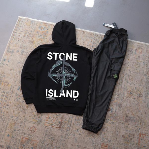 Мужской спортивный костюм Stone Island черно-белый с капюшоном Комплект Худи Штаны плащевка Стон Айленд Ads-632 фото