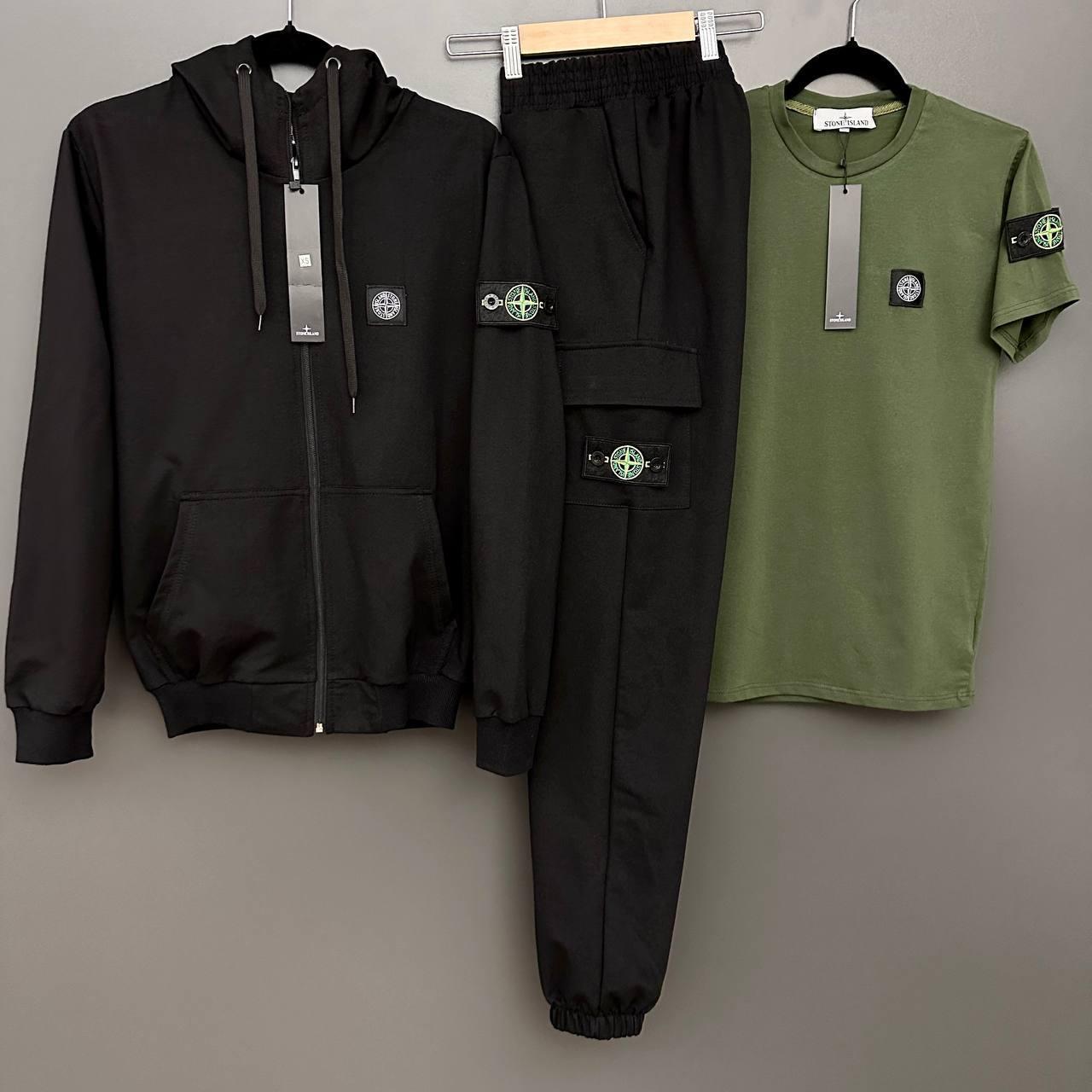 Чоловічий спортивний костюм Stone Island з капюшоном на блискавці чорний з хакі Набор Стон Айленд Костюм Футболка