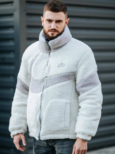 Мужская зимняя куртка двухсторонняя Nike на меху серая без капюшона Пуховик Найк Armo-N3334_09 фото