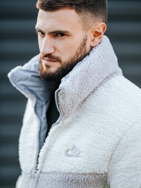 Мужская зимняя куртка двухсторонняя Nike на меху серая без капюшона Пуховик Найк Armo-N3334_09 фото
