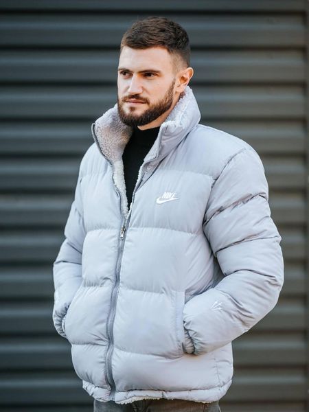 Мужская зимняя куртка двухсторонняя Nike на меху серая без капюшона Пуховик Найк Armo-N3334_09 фото