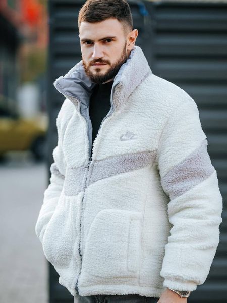 Мужская зимняя куртка двухсторонняя Nike на меху серая без капюшона Пуховик Найк Armo-N3334_09 фото