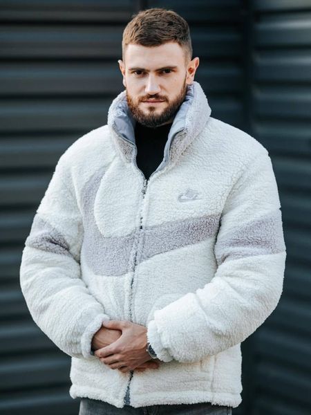 Мужская зимняя куртка двухсторонняя Nike на меху серая без капюшона Пуховик Найк Armo-N3334_09 фото