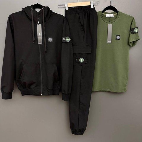 Мужской спортивный костюм Stone Island с капюшоном на молнии черный с хаки Набор Стон Айленд Костюм Футболка Хар-232 фото