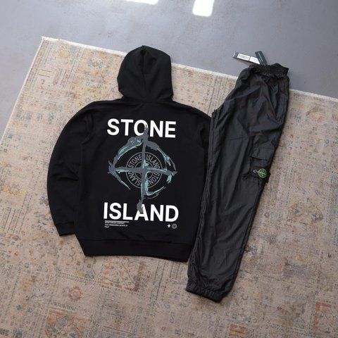 Мужской спортивный костюм Stone Island черный с капюшоном Комплект Худи Штаны плащевка Стон Айленд Ads-631 фото