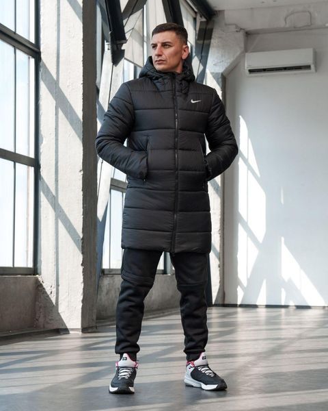 Чоловіча зимова парка Nike чорна Куртка Найк подовжена з капюшоном Sta-196 фото