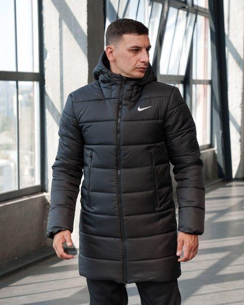 Чоловіча зимова парка Nike чорна Куртка Найк подовжена з капюшоном Sta-196 фото