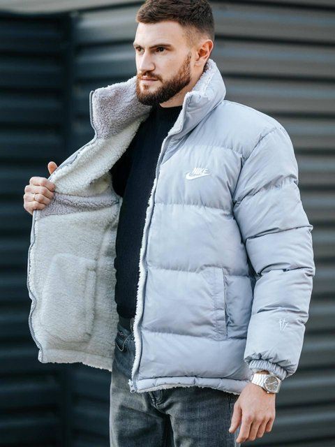Чоловіча зимова куртка двостороння Nike на хутрі сіра без капюшона Пуховик Найк Armo-N3334_09 фото