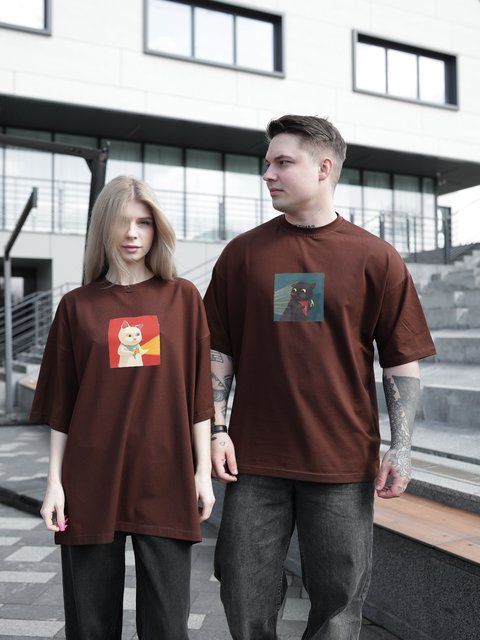 Футболка оверсайз коричневая с принтом Кот Sane-fi3p2 фото