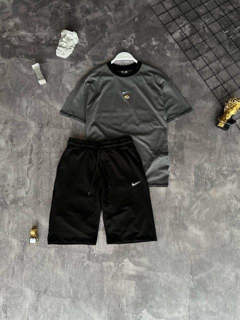 Мужской летний костюм Nike Футболка Шорты черный с серым комплект Найк моло-k-55 фото