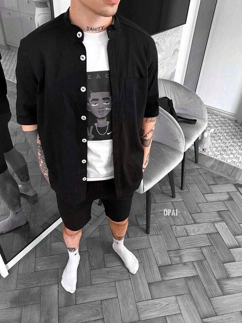 Мужской льняной комплект рубашка и шорты черный Smm-opa1 фото