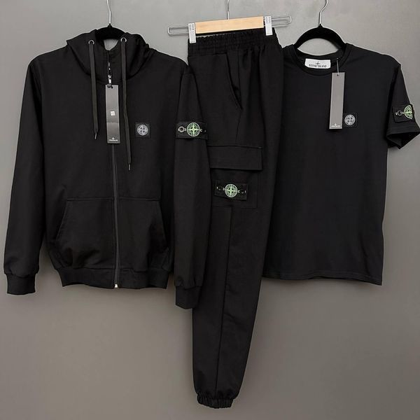 Мужской спортивный костюм Stone Island с капюшоном на молнии черный с хаки Набор Стон Айленд Костюм Футболка Хар-232 фото